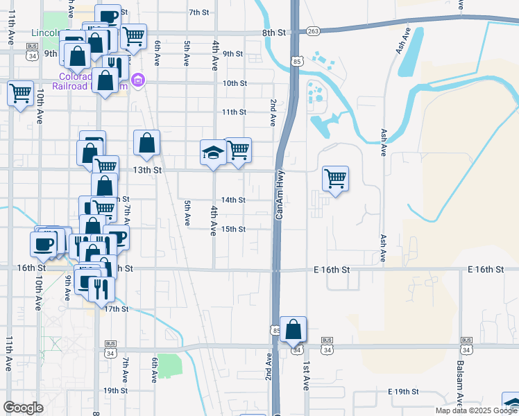 map of restaurants, bars, coffee shops, grocery stores, and more near 201 15th Street in Greeley