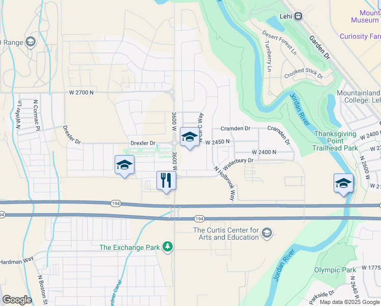 map of restaurants, bars, coffee shops, grocery stores, and more near 3542 Waterbury Drive in Lehi