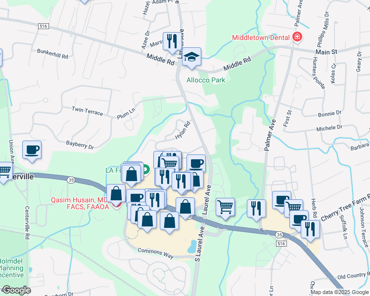 map of restaurants, bars, coffee shops, grocery stores, and more near 9 Meadow Lane in Holmdel