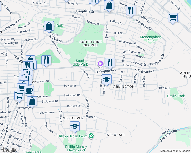 map of restaurants, bars, coffee shops, grocery stores, and more near 2214 Spring Street in Pittsburgh