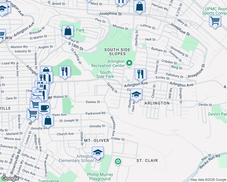 map of restaurants, bars, coffee shops, grocery stores, and more near 2120 Jonquil Street in Pittsburgh