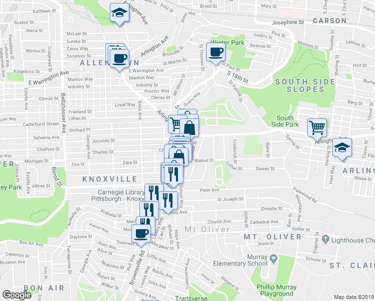 map of restaurants, bars, coffee shops, grocery stores, and more near 200 Walnut Street in Mount Oliver