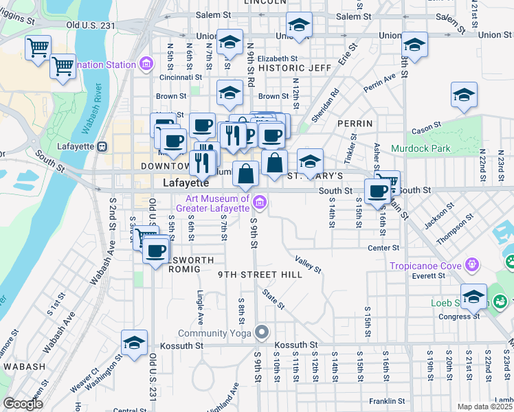 map of restaurants, bars, coffee shops, grocery stores, and more near 1001 Digby Drive in Lafayette