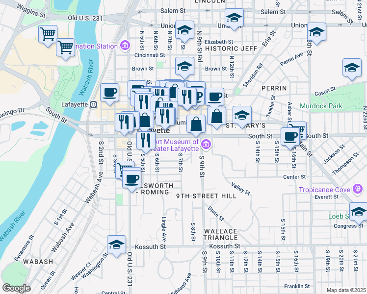 map of restaurants, bars, coffee shops, grocery stores, and more near 638 Oregon Street in Lafayette