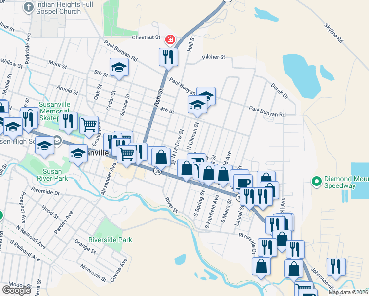 map of restaurants, bars, coffee shops, grocery stores, and more near 1911 2nd Street in Susanville