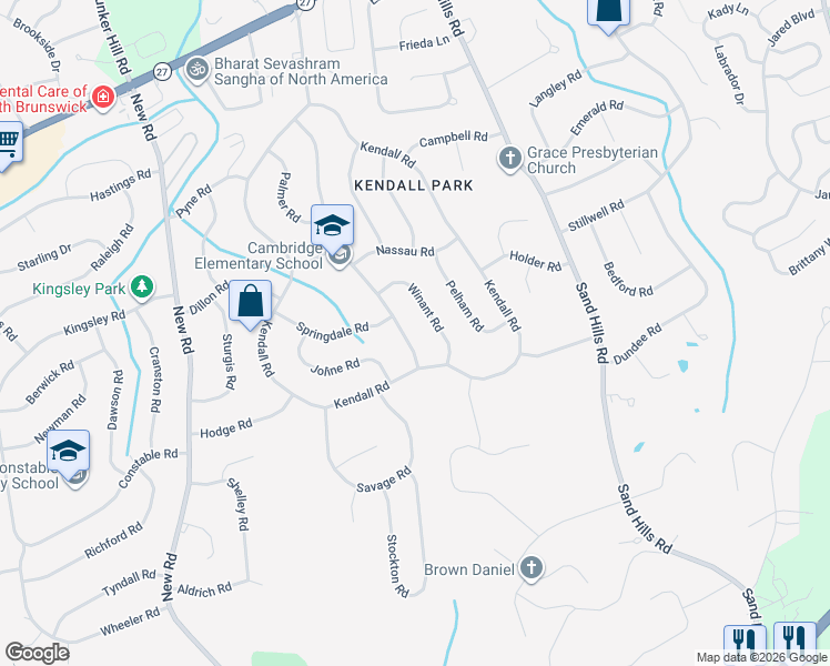 map of restaurants, bars, coffee shops, grocery stores, and more near 60 Cambridge Road in South Brunswick Township