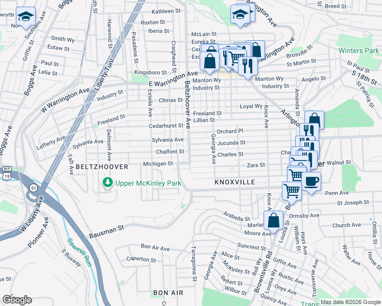 map of restaurants, bars, coffee shops, grocery stores, and more near 421 Zara Street in Pittsburgh