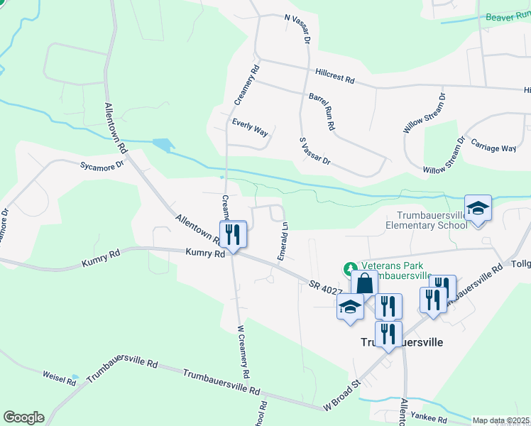 map of restaurants, bars, coffee shops, grocery stores, and more near 2610 Daniels Lane in Quakertown