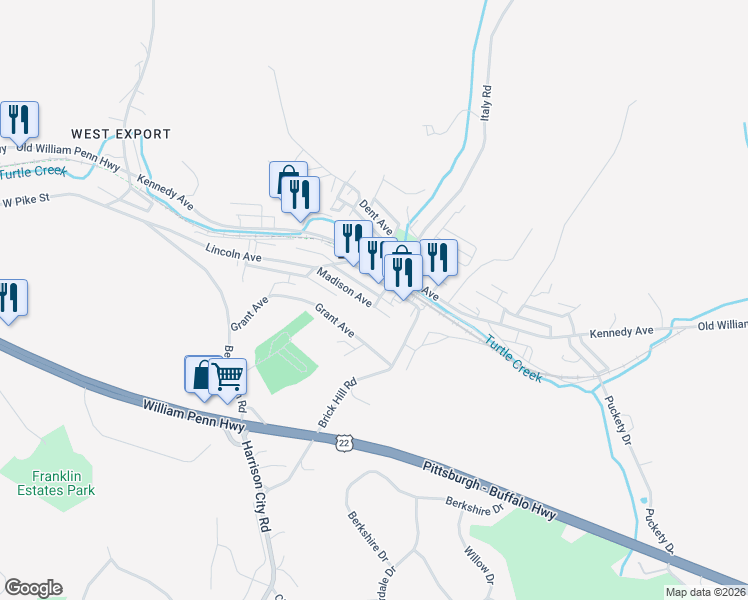 map of restaurants, bars, coffee shops, grocery stores, and more near 5883 Madison Avenue in Export