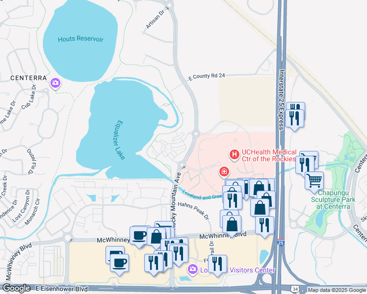map of restaurants, bars, coffee shops, grocery stores, and more near 2421 Rocky Mountain Avenue in Loveland