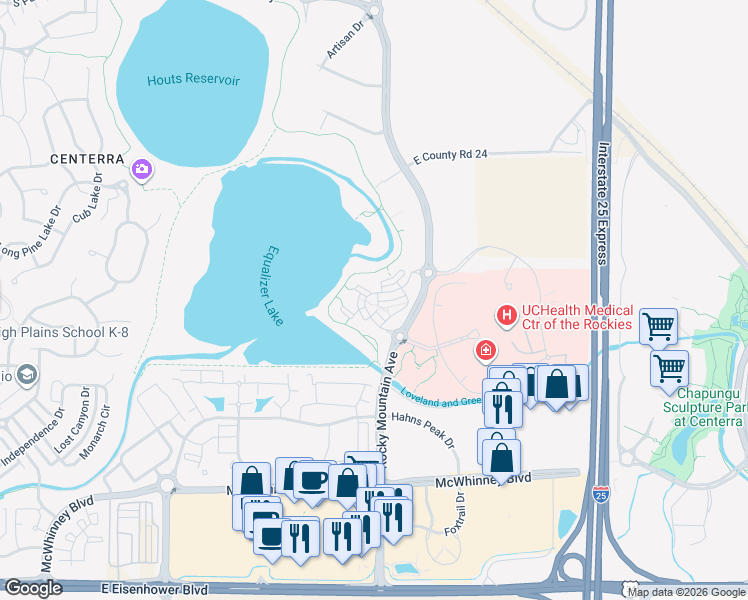 map of restaurants, bars, coffee shops, grocery stores, and more near 2403 Rocky Mountain Avenue in Loveland