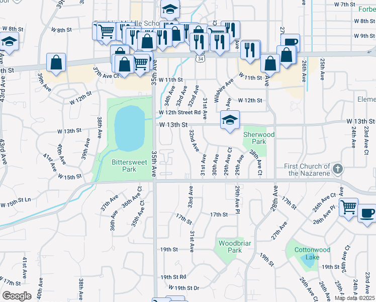 map of restaurants, bars, coffee shops, grocery stores, and more near 1420 33rd Avenue in Greeley