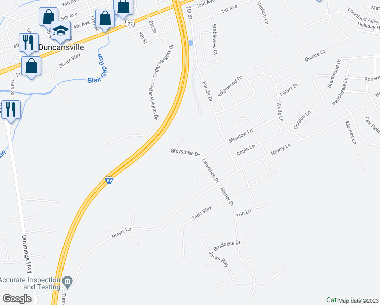 map of restaurants, bars, coffee shops, grocery stores, and more near Greystone Drive in Duncansville