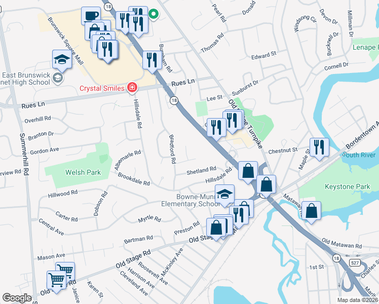 map of restaurants, bars, coffee shops, grocery stores, and more near 8 Clinton Court in East Brunswick