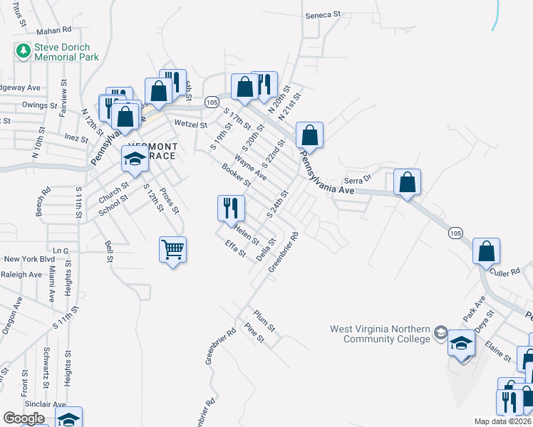 map of restaurants, bars, coffee shops, grocery stores, and more near 500 Mildred Avenue in Weirton