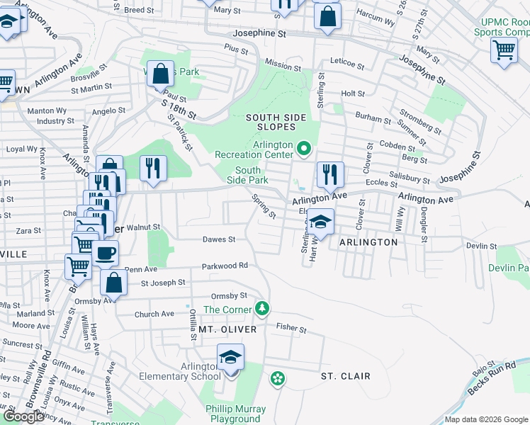 map of restaurants, bars, coffee shops, grocery stores, and more near 2120 Jonquil Street in Pittsburgh