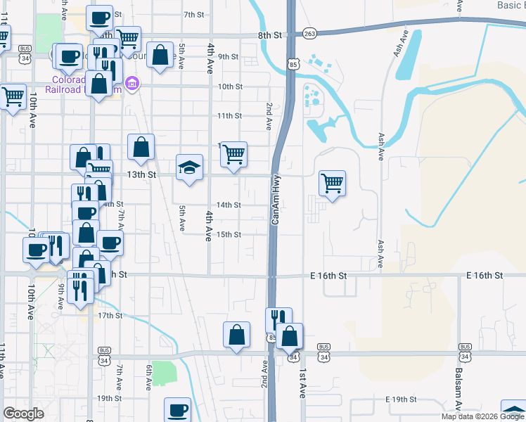 map of restaurants, bars, coffee shops, grocery stores, and more near 201 15th Street in Greeley