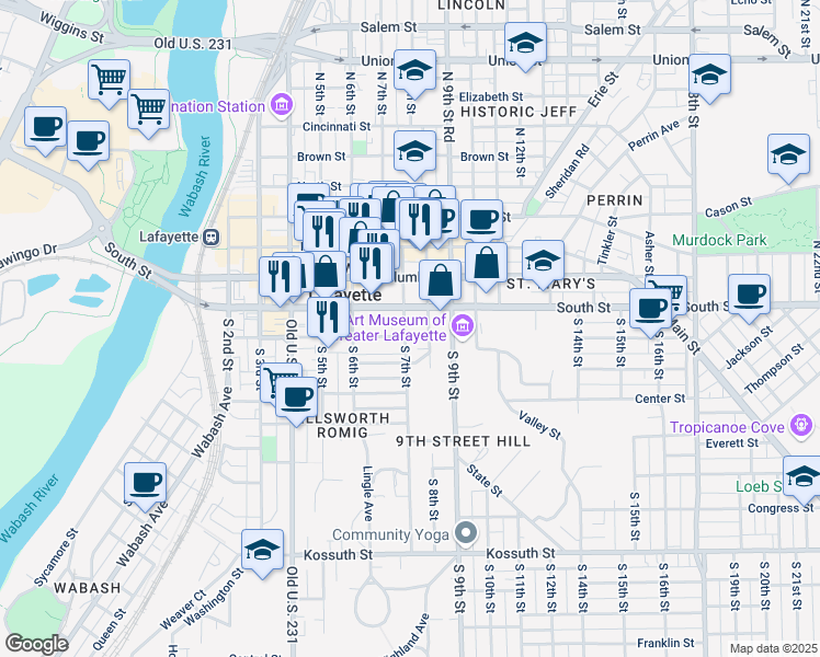 map of restaurants, bars, coffee shops, grocery stores, and more near 17 South 7th Street in Lafayette