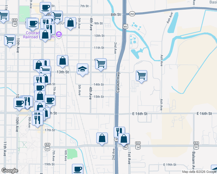 map of restaurants, bars, coffee shops, grocery stores, and more near 201 15th Street in Greeley