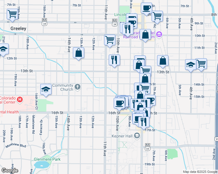 map of restaurants, bars, coffee shops, grocery stores, and more near 1017 15th Street in Greeley