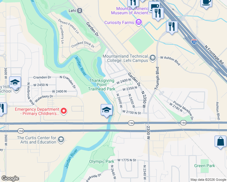 map of restaurants, bars, coffee shops, grocery stores, and more near 2277 North 2600 West in Lehi