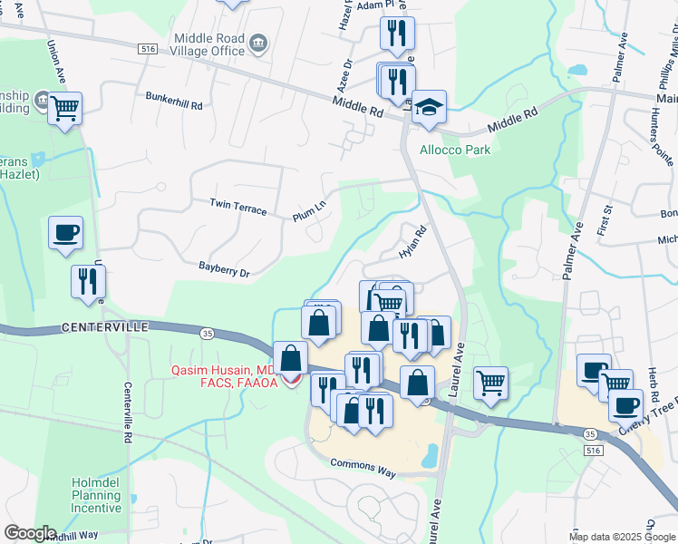 map of restaurants, bars, coffee shops, grocery stores, and more near 35 Bristel Road in Holmdel