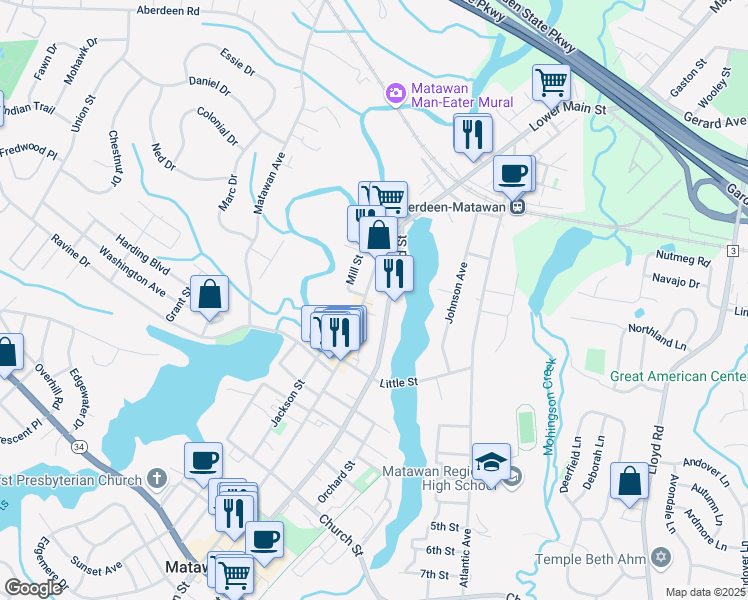map of restaurants, bars, coffee shops, grocery stores, and more near 55-57 Broad Street in Matawan