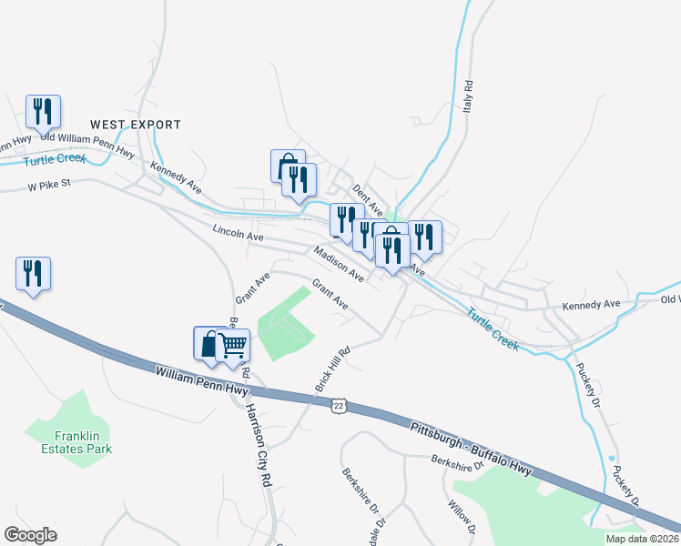 map of restaurants, bars, coffee shops, grocery stores, and more near 5816 Grant Street in Export