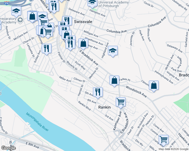map of restaurants, bars, coffee shops, grocery stores, and more near 2437 Waverly Street in Pittsburgh
