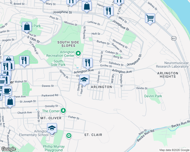 map of restaurants, bars, coffee shops, grocery stores, and more near 2416 Spring Street in Pittsburgh