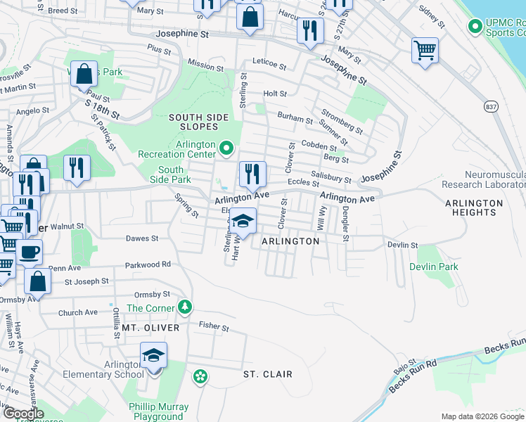 map of restaurants, bars, coffee shops, grocery stores, and more near 2416 Spring Street in Pittsburgh