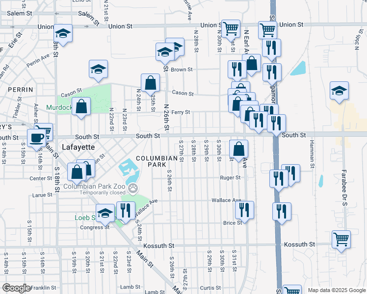 map of restaurants, bars, coffee shops, grocery stores, and more near 100 South 27th Street in Lafayette