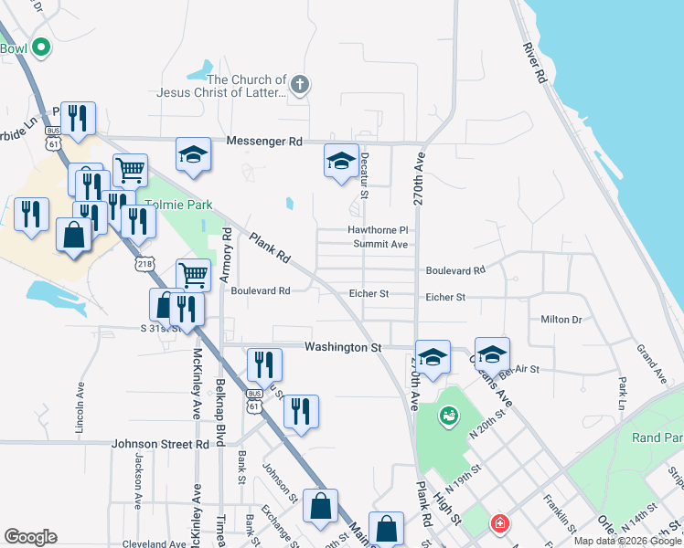 map of restaurants, bars, coffee shops, grocery stores, and more near 401-411 Eicher Street in Keokuk