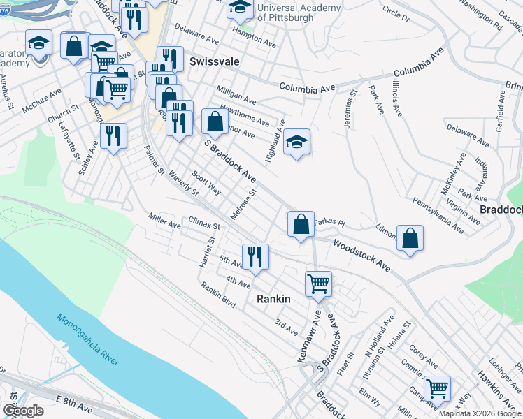 map of restaurants, bars, coffee shops, grocery stores, and more near 2443 Woodstock Avenue in Swissvale