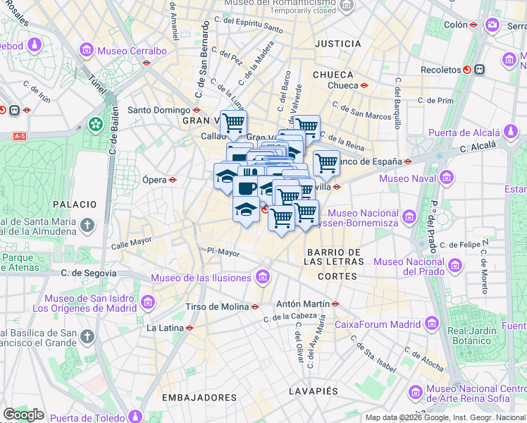 map of restaurants, bars, coffee shops, grocery stores, and more near in Madrid