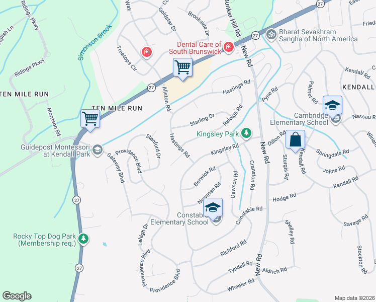 map of restaurants, bars, coffee shops, grocery stores, and more near 42 Raleigh Road in South Brunswick Township