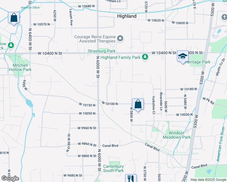 map of restaurants, bars, coffee shops, grocery stores, and more near 10177 North 5890 West Street in Highland