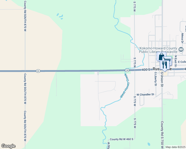 map of restaurants, bars, coffee shops, grocery stores, and more near 8106 County Road W 400 South in Russiaville