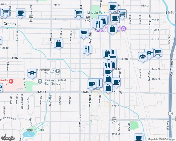 map of restaurants, bars, coffee shops, grocery stores, and more near 1403 10th Avenue in Greeley