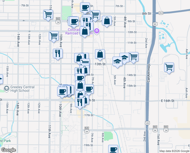 map of restaurants, bars, coffee shops, grocery stores, and more near 613 14th Street in Greeley