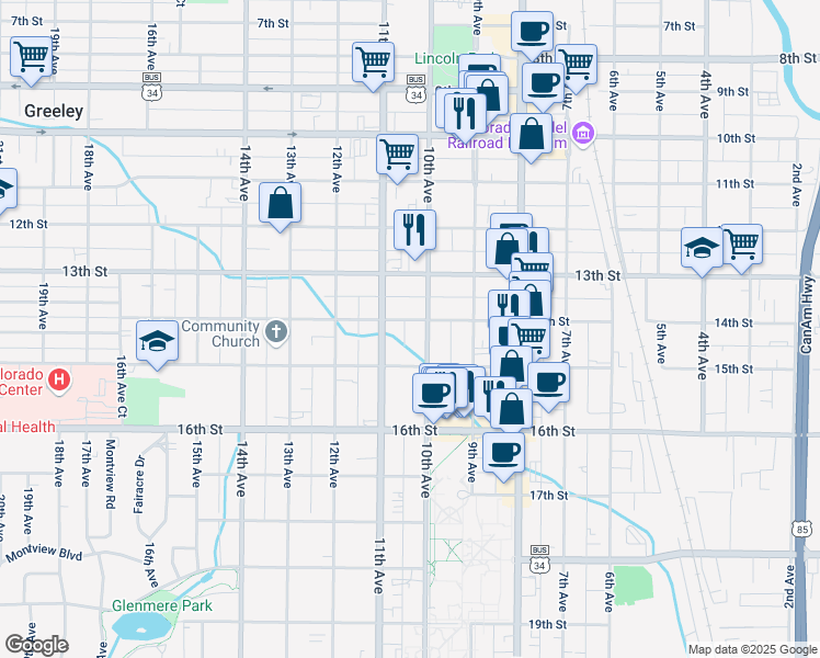 map of restaurants, bars, coffee shops, grocery stores, and more near 1019 14th Street in Greeley