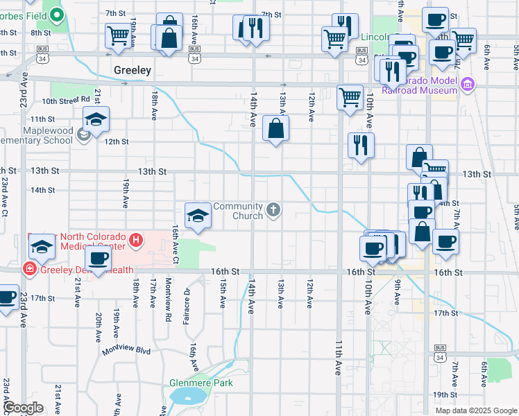 map of restaurants, bars, coffee shops, grocery stores, and more near 1326 14th Avenue in Greeley