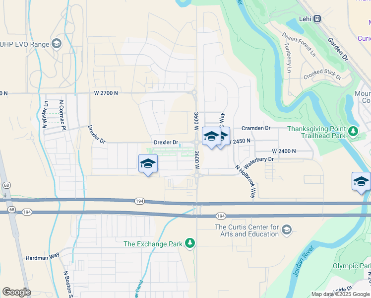 map of restaurants, bars, coffee shops, grocery stores, and more near 3643 West Drexler Drive in Lehi