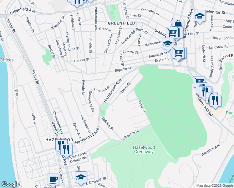 map of restaurants, bars, coffee shops, grocery stores, and more near 582 Hazelwood Avenue in Pittsburgh