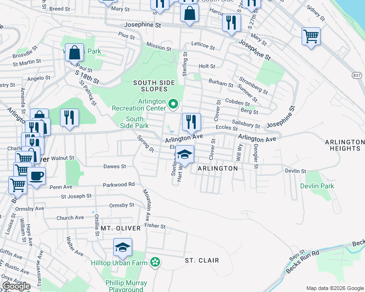 map of restaurants, bars, coffee shops, grocery stores, and more near 2233 Arlington Avenue in Pittsburgh