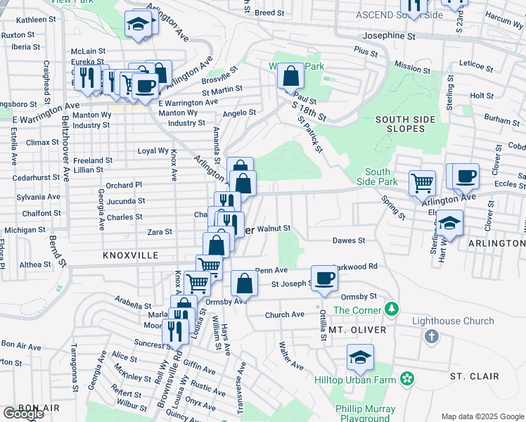 map of restaurants, bars, coffee shops, grocery stores, and more near 101 Brownsville Road in Pittsburgh