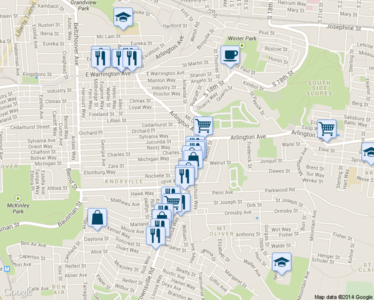 map of restaurants, bars, coffee shops, grocery stores, and more near 1630 Arlington Avenue in Pittsburgh