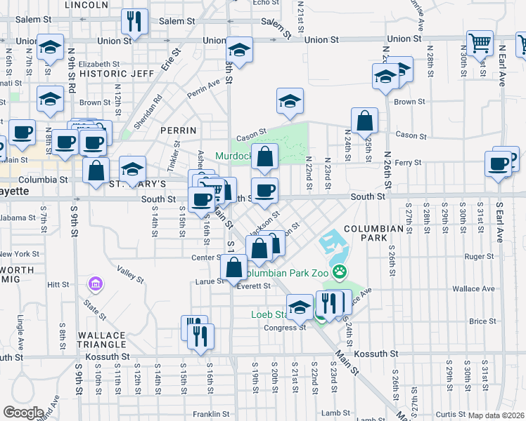 map of restaurants, bars, coffee shops, grocery stores, and more near 5 North 19th Street in Lafayette