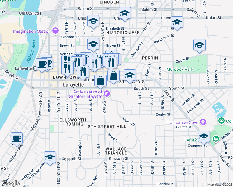 map of restaurants, bars, coffee shops, grocery stores, and more near 1300 South Street in Lafayette