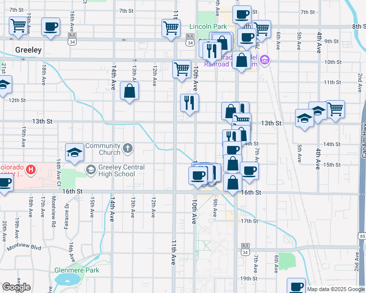 map of restaurants, bars, coffee shops, grocery stores, and more near 1019 14th Street in Greeley